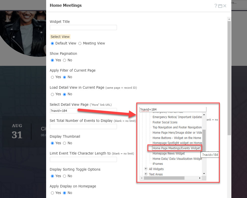 Home Events widget to interior page redirect